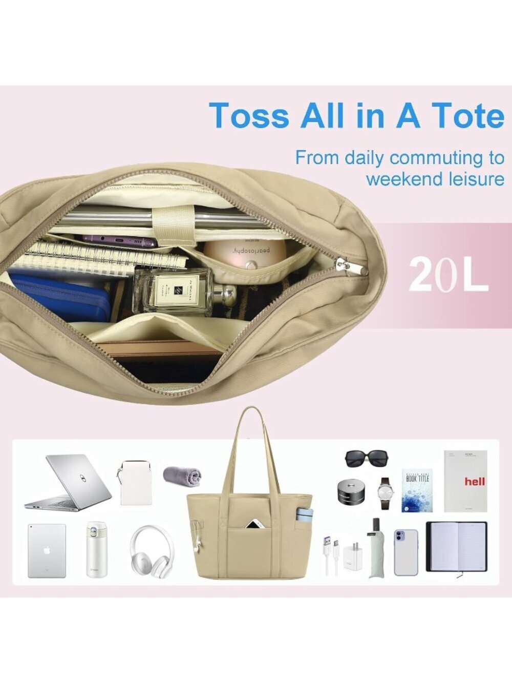 Women Brown Lightweight Nylon Tote Zipper Laptop Work Nurse Bag - Picture 4 of 6